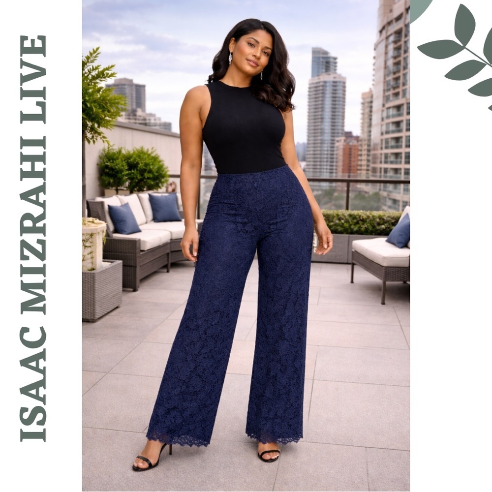 Isaac Mizrahi Live Navy Lace Wide Leg Pants XL